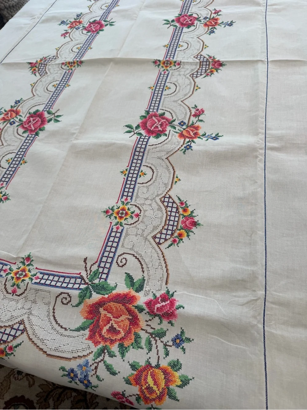 Vintage ecru cross stitch linen large tablecloth 100”x64” W/12 Napkins handmade